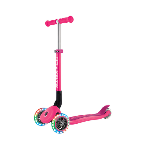 Globber PRIMO Foldable Lights Scooter | Fuschia Pink/Dark Pink