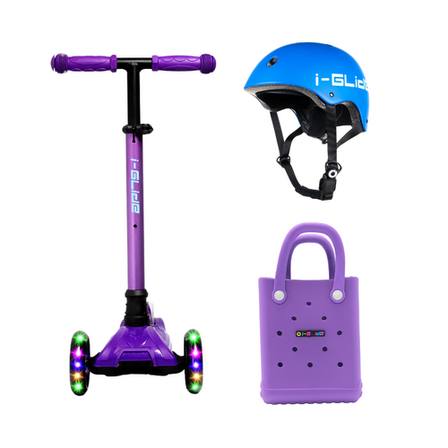 I-Glide Kids 3 Wheel Scooter + Helmet Pack | Purple/Blue